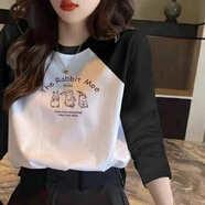 纖蕓沐長袖t恤女春秋裝女圓領(lǐng)顯瘦寬松百搭打底衫上衣拼接外穿體恤衫女 白色黑袖三只兔子 L 建議95-110斤