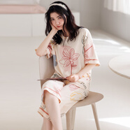甜桔子女士睡衣女夏季短袖純棉七分褲寬松家居服女短褲可外穿學(xué)生睡衣 MJF7064【100%棉七分褲套裝】 L /身高162-167 體重100-120
