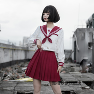 未萱 jk制服冬季套裝半身裙戰火與玫瑰JK秋冬水手服百褶短裙長(cháng)袖海領(lǐng) 赤領(lǐng)白二本長(cháng)袖+紅裙42cm L 均碼