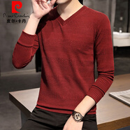 皮爾卡丹（pierre cardin）v領長袖t恤男士打底衫春秋冬季潮流純色內搭男裝加絨體恤厚上衣服 T8810酒紅 2XL