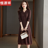 恒源祥毛衣裙女長款過膝2024新款秋冬季收腰顯瘦打底針織100%羊毛連衣裙 咖色 2XL 130-140斤