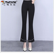 啄木鳥(niǎo)加絨微喇褲女垂感高腰2025冬季新款繡花修身喇叭褲刺繡顯瘦長(cháng)褲 黑色 XS