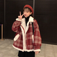 淺雖紅 2025冬季新款韓版小個子閨蜜裝毛呢外套女短款加絨加厚外套女 紅色加絨外套 S