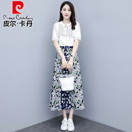 皮爾卡丹品牌高檔女裝 套裝裙兩件裝洋氣2022新款夏天女甜美顯瘦碎花半身裙雪紡連衣裙子針織 6051#白上衣+藍碎花套裝裙 S (建議80-95斤)