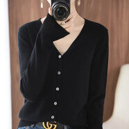 Avmko女裝新糖果色針織衫女開(kāi)衫外搭2024春秋長(zhǎng)袖V領(lǐng)寬松顯瘦百搭外套 黑色 M
