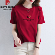 皮爾卡丹品牌女裝2025夏季新款歐貨潮寬松純棉白色t恤女夏短袖時(shí)尚ins體恤 酒紅色 (黑圖案) XXXL