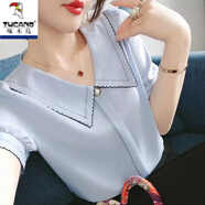 啄木鳥(niǎo)夏季雪紡衫短袖女裝夏裝2026年新款韓版娃娃領(lǐng)上衣設計感小眾潮 藍色 M 【M-105斤以下】