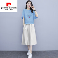 皮爾卡丹（pierre cardin）棉麻時尚套裝女2024夏季新款休閑裙子小個子連衣裙收腰亞麻兩 上天藍下米白 M 體重90-100斤