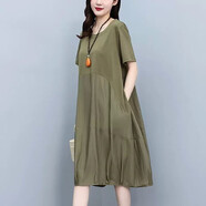 穆夏百合（MUXIABAIHE）大碼女裝胖mm棉麻連衣裙夏加肥加大顯瘦胖媽媽裝遮肉肉中長款裙子 綠色 4XL 【171-185斤】