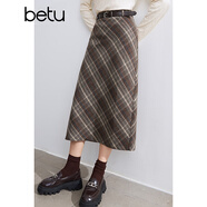 百圖betu女裝冬季新款半身裙直筒復古格紋百搭顯瘦裙子女2410D04 咖格 M
