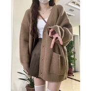 矜持范新款2025慵懶風(fēng)V領(lǐng)單排扣毛衣女開衫外套春秋款韓版寬松針織上衣 咖色 2XL 130140斤