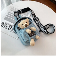QUEEN TRIP 包包女2022新款牛仔帆布斜挎胸包ins韓版可愛(ài)毛絨玩偶學(xué)生單肩包 藍色小熊
