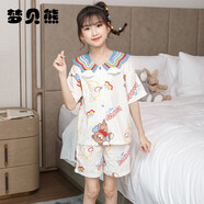 夢(mèng)貝熊兒童睡衣女童夏季純棉薄款短袖女孩寶寶春秋中大童家居服套裝夏天 淺黃色-20056 155(18碼建議身高145-150)
