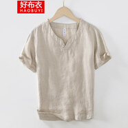 好布衣（HAOBUYI）夏季薄款純亞麻短袖T恤男棉麻復(fù)古新中式全麻V領(lǐng)體恤衫 卡其色 XXL