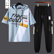 寫(xiě)璇 男裝夏季短袖t恤套裝男長(cháng)褲中袖一套衣服 男生夏天春夏日韓版潮流學(xué)生夏裝男士青少年半袖整套運動(dòng)裝 斜口袋藍色短袖套裝 2XL（130-145斤）