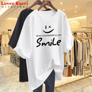 LOVER RUCCI法國夏季純棉歐貨2025新款短袖t恤女裝寬松質(zhì)感中長(zhǎng)款半袖上衣潮 白色A210黑圖】 XL 建議135-155斤