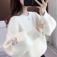 FNBG軟糯仿水貂絨毛衣女2024短款秋冬內搭針織衫新款慵懶風燈籠袖上衣 白色 2XL 建議120-140斤