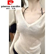 皮爾卡丹（pierre cardin）多巴胺穿搭甜辣妹純欲V領長袖T恤女秋季打底衫小背心修身顯瘦上衣 杏色針織衫 均碼
