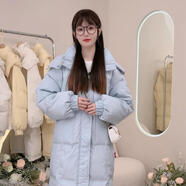 amber heey韓版大口袋白鴨絨羽絨服女2025新款中長款高端連帽保暖女士外套 藍(lán)色 S 推薦(80-125斤）