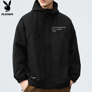 花花公子（PLAYBOY）夾克男沖鋒外套男裝春夏季男士休閑連帽工裝潮牌上衣服 黑色 XL