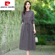 皮爾卡丹（pierre cardin）高端棉麻長(cháng)袖連衣裙春秋裝2023新款女時(shí)尚氣質(zhì)收腰小碎花打底裙子 藍灰 M (建議95-105斤