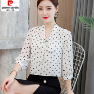 皮爾卡丹新款波點(diǎn)印花蝴蝶結(jié)系帶襯衫2025夏洋氣打底女式甜美顯瘦上衣 白色波點(diǎn) 2XL 建議115-125斤