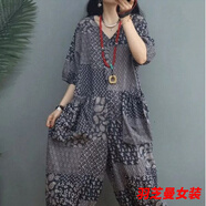 顧夕岑復(fù)古印花棉麻連體褲女夏季新款V領(lǐng)顯瘦寬松大碼洋籠褲潮 藍(lán)花 4xl180-195