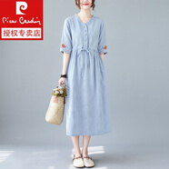 皮爾卡丹（pierre cardin）夏季民族風(fēng)棉麻連衣裙女收腰刺繡媽I媽裙寬松顯瘦氣質(zhì)亞麻裙子 淺藍色 2XL 145-165斤