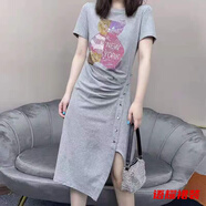風(fēng)曉薇夏季輕連衣裙重工新款裙子妹時尚中長款t恤女女裙子 036灰色燙鉆熊寶寶/顯瘦遮肚子連衣裙 4XL 160-175斤/顯瘦遮肚子連衣裙