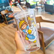 盛櫻 可愛(ài)玻璃杯子喝水ins風(fēng)刻度夏早餐牛奶水杯吸管玻璃杯玻璃吸管杯 小鴨女孩（配吸管）450ml