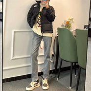 衣然呈品春秋季新款韓版經(jīng)典水洗牛仔褲男青年修身直筒休閑九分褲子男褲 藍色 M【建議95-110斤】