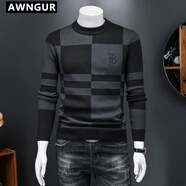 AWNGUR歐洲站男裝秋冬字母刺繡毛衣男拼色羊毛針織衫男士修身保暖打底衫 深灰色 L
