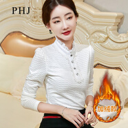 PHJ立領(lǐng)蕾絲打底衫女 冬季新款洋氣內(nèi)搭韓版加絨保暖上衣時(shí)尚減齡中年女裝百搭長(zhǎng)袖t恤小衫 白色（加絨款） M