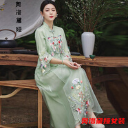 奧洛黛婭改良旗袍中式上衣女復(fù)古刺繡春夏新款中國風(fēng)歐根紗外套長款半身裙 綠色上衣+綠色半身裙套裝 M 建議80-100斤