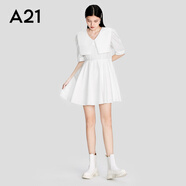 A21新品夏季女裝優(yōu)雅A字短連衣裙女設(shè)計(jì)感V領(lǐng)泡泡袖初戀裙短袖 米白 L