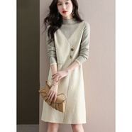 CEENIU配大衣連衣裙女秋冬中長(cháng)款針織衫假兩件毛衣裙寬松內搭打底裙 米白色 2XL 建議125-135斤