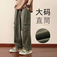 頂峰保羅直筒工裝男士休閑夏季薄款高街純棉寬松百搭大碼美式闊腿長褲子 06軍綠 6XL 推薦190-210斤
