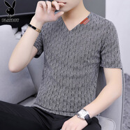 花花公子（PLAYBOY）冰絲短袖t恤男士夏季裝薄款v領(lǐng)寬松上衣新款潮流網(wǎng)紗鏤空半袖男裝 K18灰色 L 推薦【110-125斤】