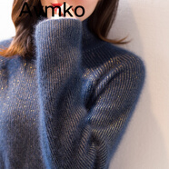 Avmko毛衣新款高領(lǐng)亮絲馬海毛毛衣女不規(guī)則慵懶風寬松洋氣針織打底衫 藍色 L