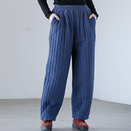 亂在江南冬季新款棉麻加厚夾棉休閑褲女復古民族風(fēng)舒適保暖豎條紋長(cháng)褲 藍色 均碼