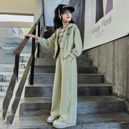 巴萊恩娜韓國女童衛衣套裝春秋2025新款洋氣兒童運動(dòng)休閑褲炸街大童三件套 綠色（背心+外套+褲子） 150cm