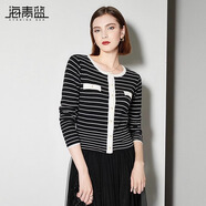 海青藍(lán)（CYANINE SEA）小香風(fēng)條紋撞色圓領(lǐng)長(zhǎng)袖毛衣女2024秋季新款顯瘦針織衫上衣休閑 黑色