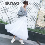 BUTAO網(wǎng)紗半身裙女春季新款百搭氣質(zhì)長裙垂墜感百褶中長款紗裙 白色 M 90C