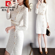 皮爾卡丹（pierre cardin）法式2023秋冬季小香風(fēng)氣質(zhì)宮廷收腰顯瘦毛呢內(nèi)搭外套連衣裙子女潮 米白色+腰帶 S
