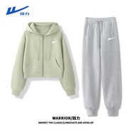 回力牛奶絲短開衫衛(wèi)衣收腳褲子女2025春秋女裝新款新年戰(zhàn)袍小香風套裝 灰綠回力白標K+灰回力白標K L （建議110-120斤）