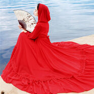 菲尼東爵草原沙漠旅拍長(cháng)裙連帽長(cháng)袖大擺雪紡仙女連衣裙海邊度假沙灘裙 紅色 L