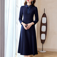 首尚格釋?zhuān)⊿USONGETH）藍色小香風(fēng)拼接連衣裙女春2025新款優(yōu)雅時(shí)尚娃娃領(lǐng)長(cháng)袖修身a字裙 深藍色 XL