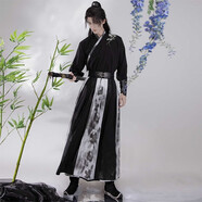 臻一萌漢服成人男晉制交領(lǐng)齊腰襦裙古裝書生刺繡印花國風(fēng)斗篷套裝表演服 墨蓮+腰帶+護腕 S