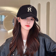 奢娣魅儷秋冬季韓版羊羔絨字母R棒球帽女防曬遮陽保暖鴨舌帽休閑百搭情侶 黑色字母羊羔絨棒球帽 均碼