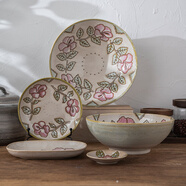 美濃燒 日本原裝進(jìn)口碗碟盤(pán)日式餐具手繪玫瑰花紋碗碟餐具 小盤(pán)【16.5CM*2.5CM】